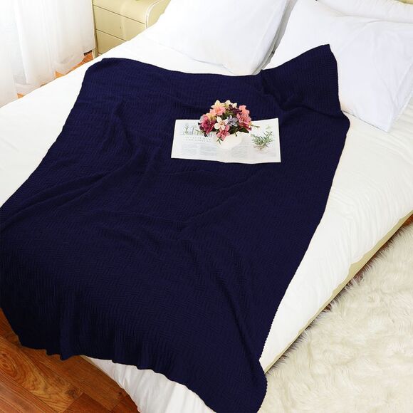 100% Cotton Cable Knit Throw Blanket Sofa Throw Blankets 47"x 70" Navy Blue - Picture 3 of 6